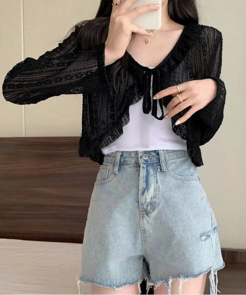 レースボレロカーディガン シアートップス レディース 花柄フリルカーディガン フェミニン 日焼け防止 冷房対策 フロントリボンサマーカーディガン ショート丈春夏服 84WANJIA-017